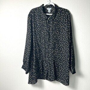 Catherines Pintuck Button Front Top Womens 3X Black Gold Polka Dot Long Sleeve